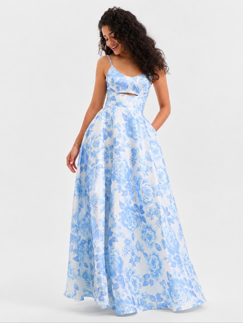 City Studios Blue & White Floral Cutout Maxi Dress Ball Prom Size 3/4